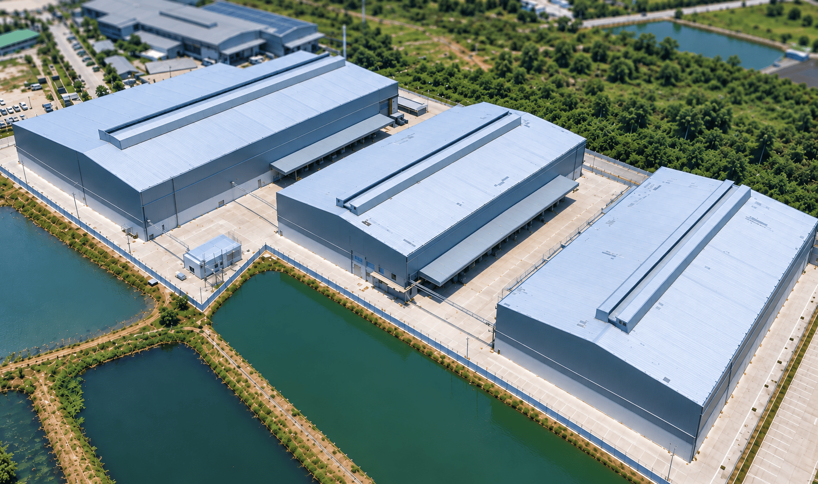 Aerial view showing the three warehouse buildings at the Bang Pakong facility