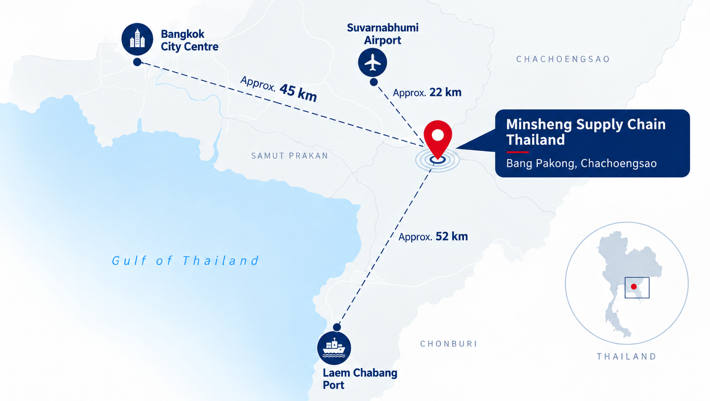Regional location diagram showing Bang Pakong in relation to Bangkok City Centre, Suvarnabhumi Airport and Laem Chabang Port