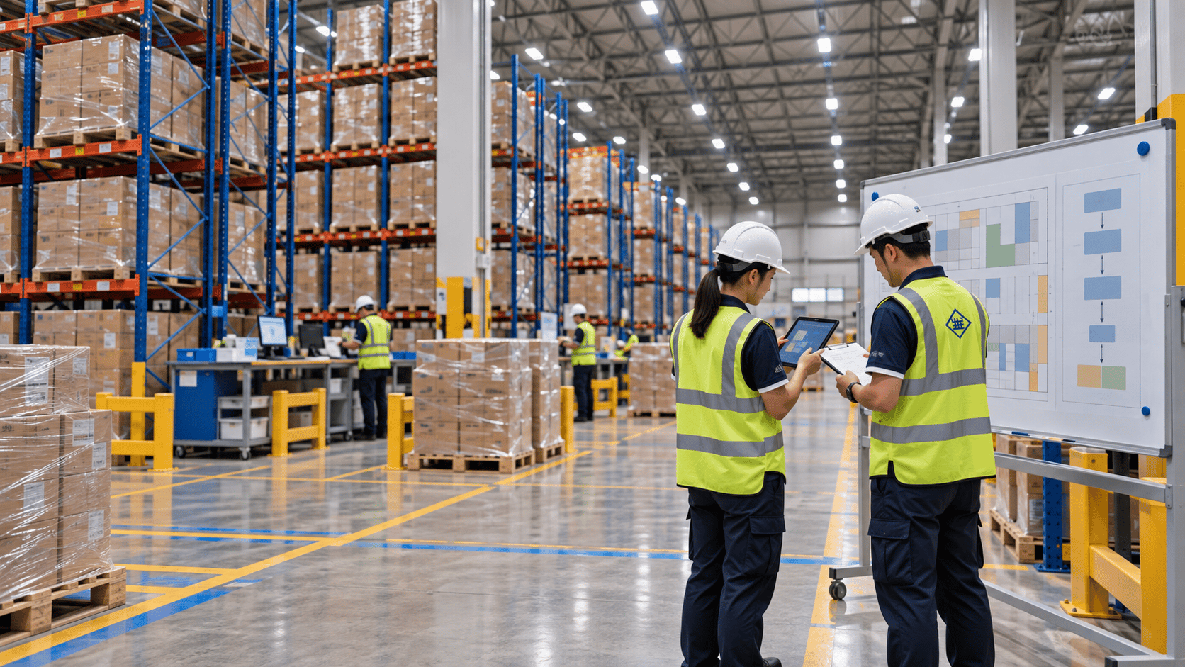 Warehouse operations staff reviewing process information on the warehouse floor