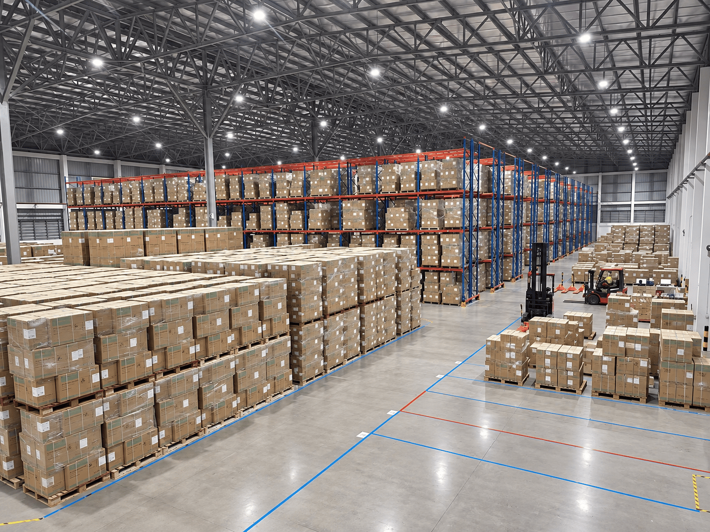 Home appliance inventory stored on pallets and warehouse racking