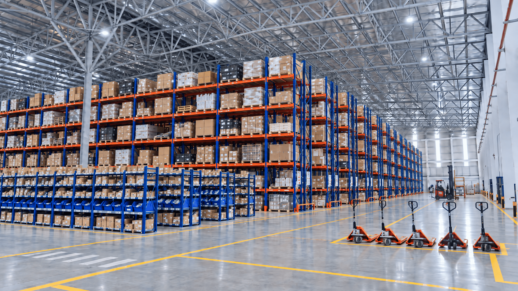 Warehouse storage area with pallet racking and material handling equipment
